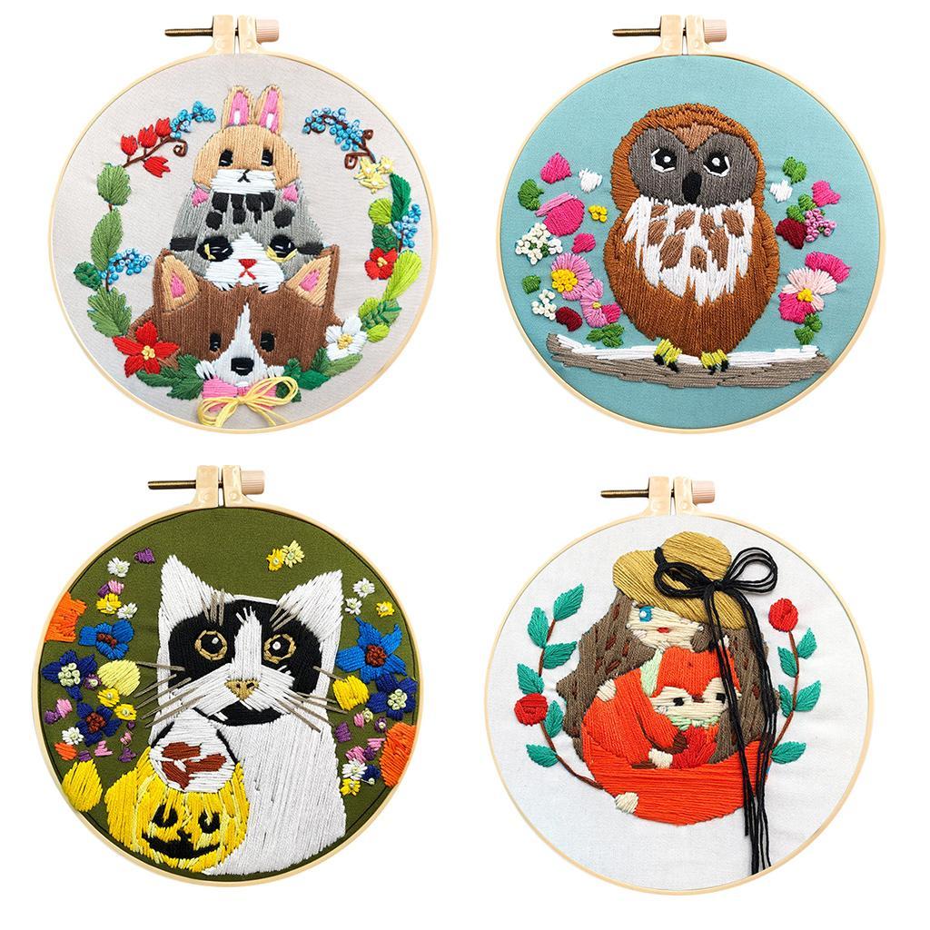 Full Range of Embroidery Starter Kit with Pattern Cross Stitch Kit Including Cloth with Floral Pattern, Bamboo Embroidery Hoop, Color Threads and Tool