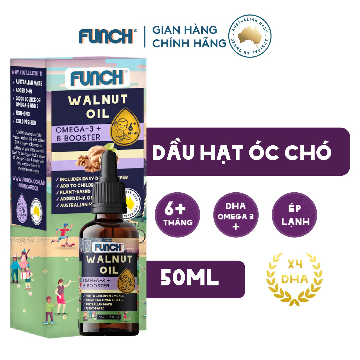 Dầu óc chó bổ sung DHA Omega 3 cho bé ăn dặm từ 6 tháng FUNCH DHA Drops 50ml