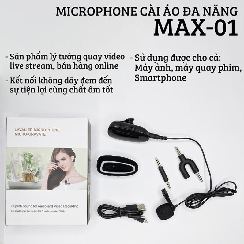 Micro thu âm đa năng bluetooth cài áo chuyên nghiệp MAX-01 dành cho youtuber , quay vlog, bán hàng live stream