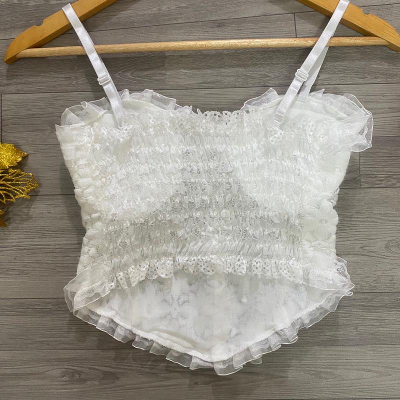 Áo hai dây nữ khuy ngọc phối ren có đệm ngực chun lưng hàng QC