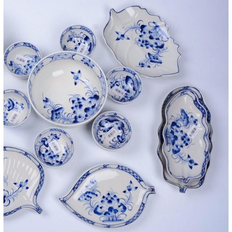Bộ đồ ăn men lam cổ vẽ hoa Sen 18 MÓN ,đầy đủ