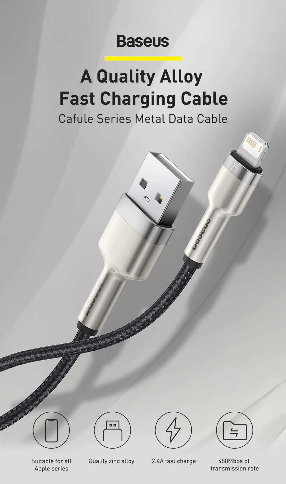 Cáp sạc và dữ liệu dòng 2.4A cho iP Baseus Metal Data Cable CALJK-A01 - Hàng chính hãng