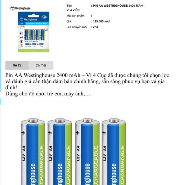 Combo Pin sạc Westinghouse AA 2400mAh (Vĩ 2 viên)/ AA 2400mAh (Vĩ 4 viên) / AAA 1000mAh (Vĩ 2 viên) hàng chất lượng cao