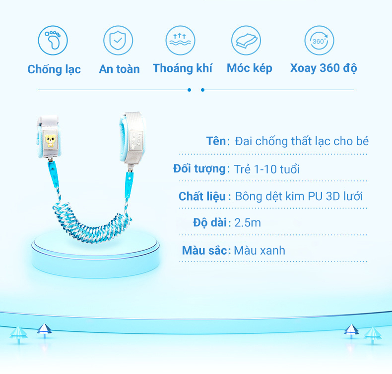 Dây Đai Đeo Tay Chống Lạc KUNBE Dài 2.5M Khóa Nam Châm Cảm Ứng An Toàn Cho Bé