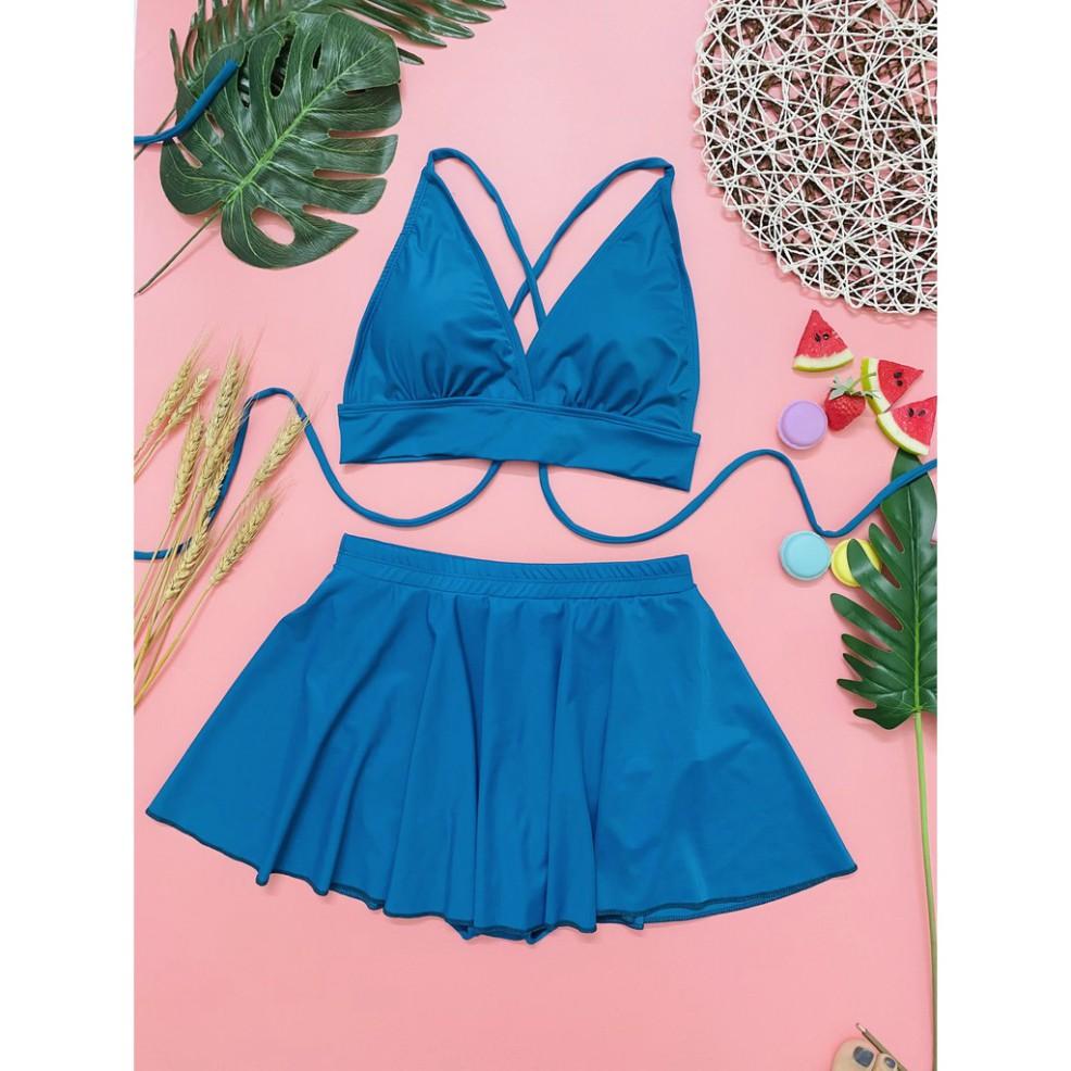 freeship Bikini 2 mảnh nữ xanh tím than dáng váy mặc đi biển đi bơi chất thun lạnh