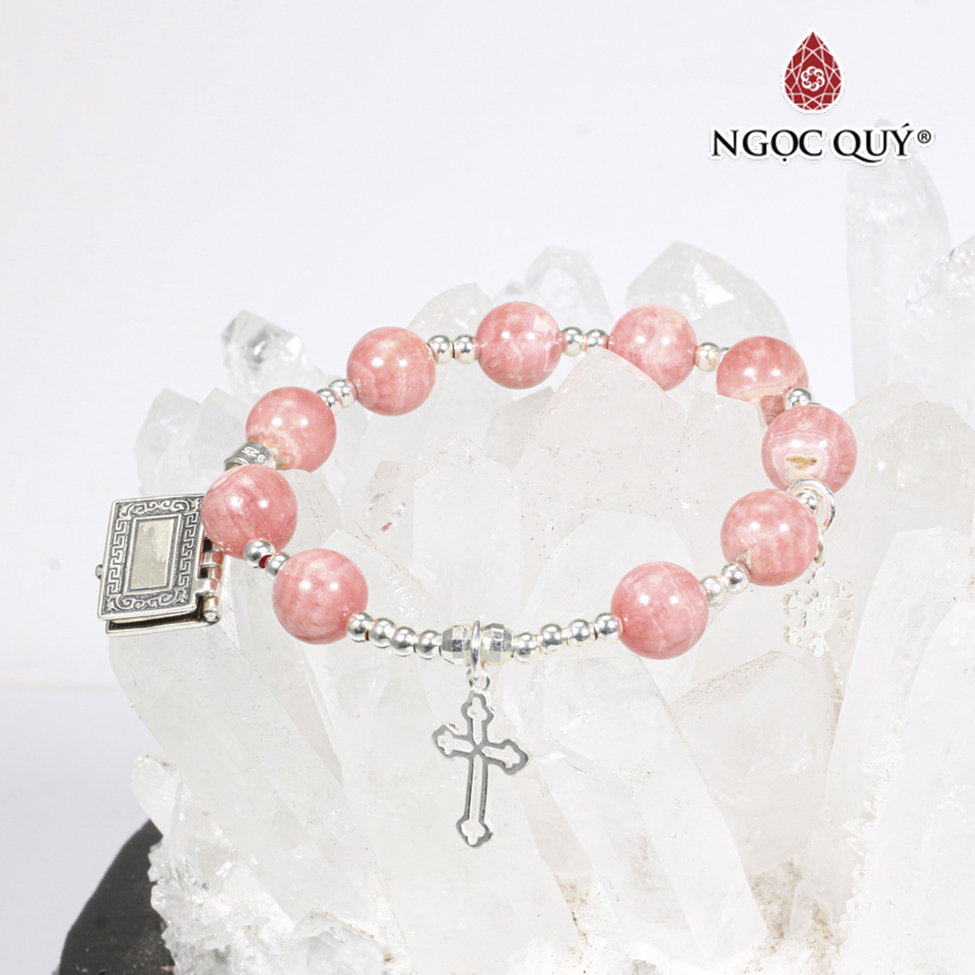 Vòng tay mân côi đá đào hoa rhodochrosite charm thánh giá bạc mệnh hỏa , thổ - Ngọc Quý Gemstones