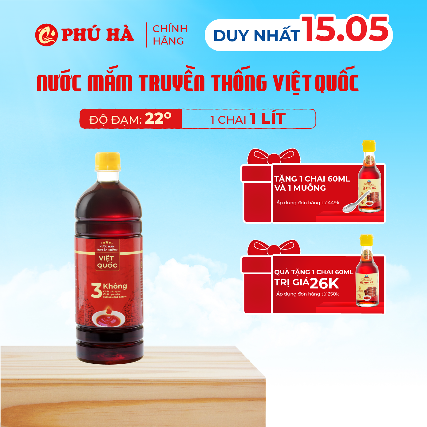 Nước mắm truyền thống Việt Quốc Phú Hà 22 độ đạm - 1 Chai 1 lít