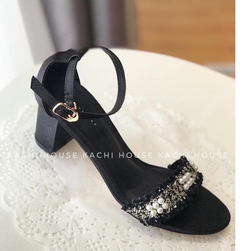 Giày sandal cao gót đế vuông quai đính tua rua hạt châu GNS