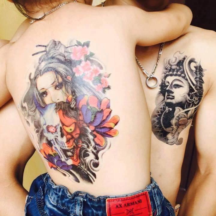 Combo 3 tấm hình xăm dán tattoo 15X21cm CÁ CHÉP, CÔ GÁI & MẶT QUỶ TUYỆT ĐẸP