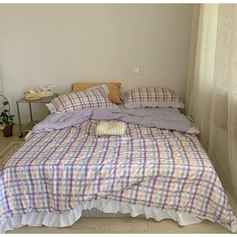 Bộ Chăn Vỏ Ga Gối Cotton Đũi phối bèo Chăn Hè