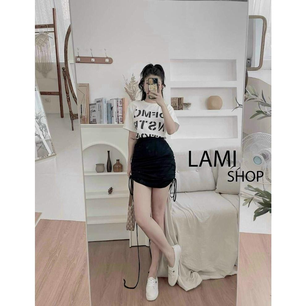 Set áo thun họa tiết chữ siêu xinh mix chân váy rút dây bên hông siêu hot không kém phần sexy