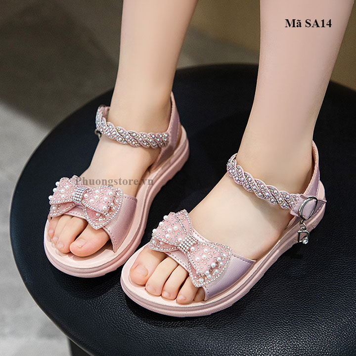 Giày sandal bé gái từ 3-12 tuổi nơ đính hạt xinh xắn SA14