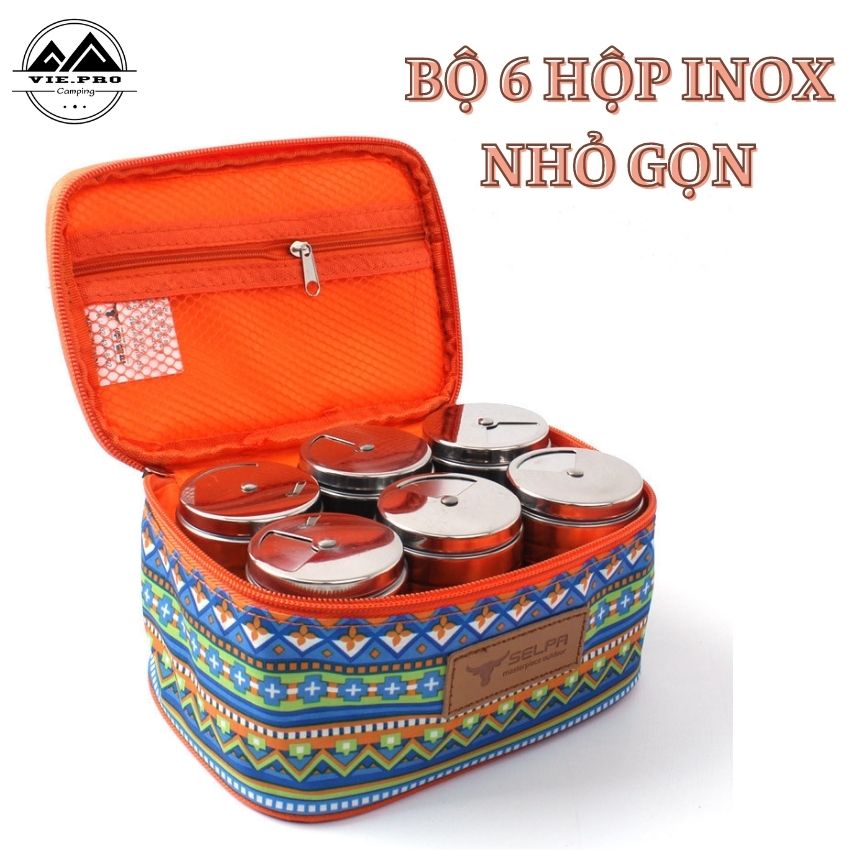 Hộp Đựng Gia Vị inox 6 Lọ Gia Vị Dụng Cụ Nhà Bếp Kèm Túi Đựng Tiện Mang Đi Cắm Trại Du Lịch Ngoài Trời VIEORO-18