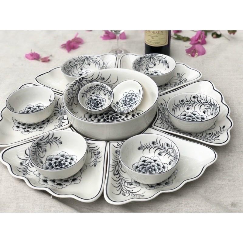 Bộ bát đĩa hoa mặt trời 15 món, họa tiết vẽ thủ công. Gốm sứ Bát Tràng
