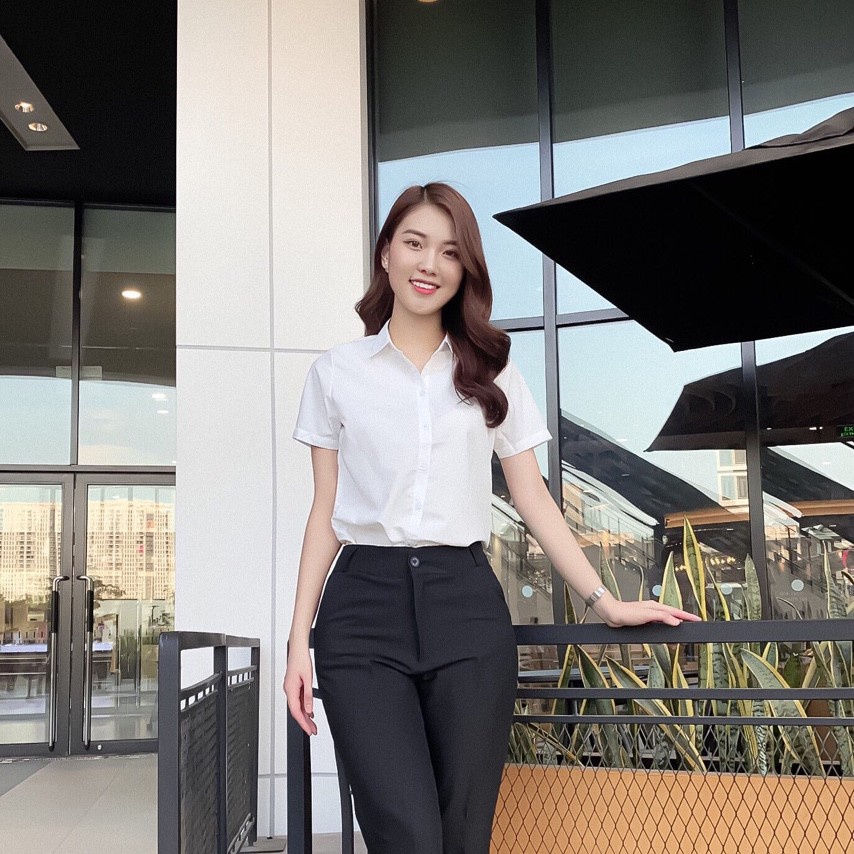 Áo sơ mi trắng trơn nữ công sở cao cấp, áo sơ mi suông nữ basic đi học đi làm chất vải thô lụa đẹp