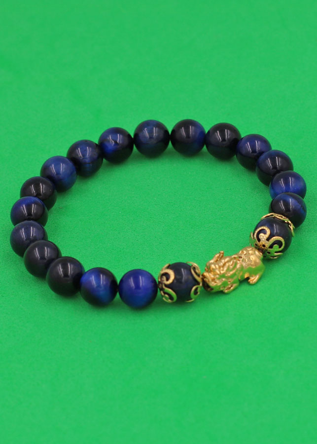 Vòng đeo tay Đá Mắt Hổ Xanh Đen 8 ly - cẩn Tỳ Hưu Phong Thủy inox vàng VMHXETHHKV8 - hợp mệnh Mộc, mệnh Thủy