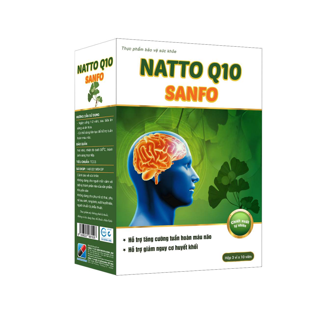 Natto Q10 Sanfo - tăng cường tuần hoàn máu não, giảm đau đầu, hoa mắt, chóng mặt hộp 3 vỉ x 10 viên