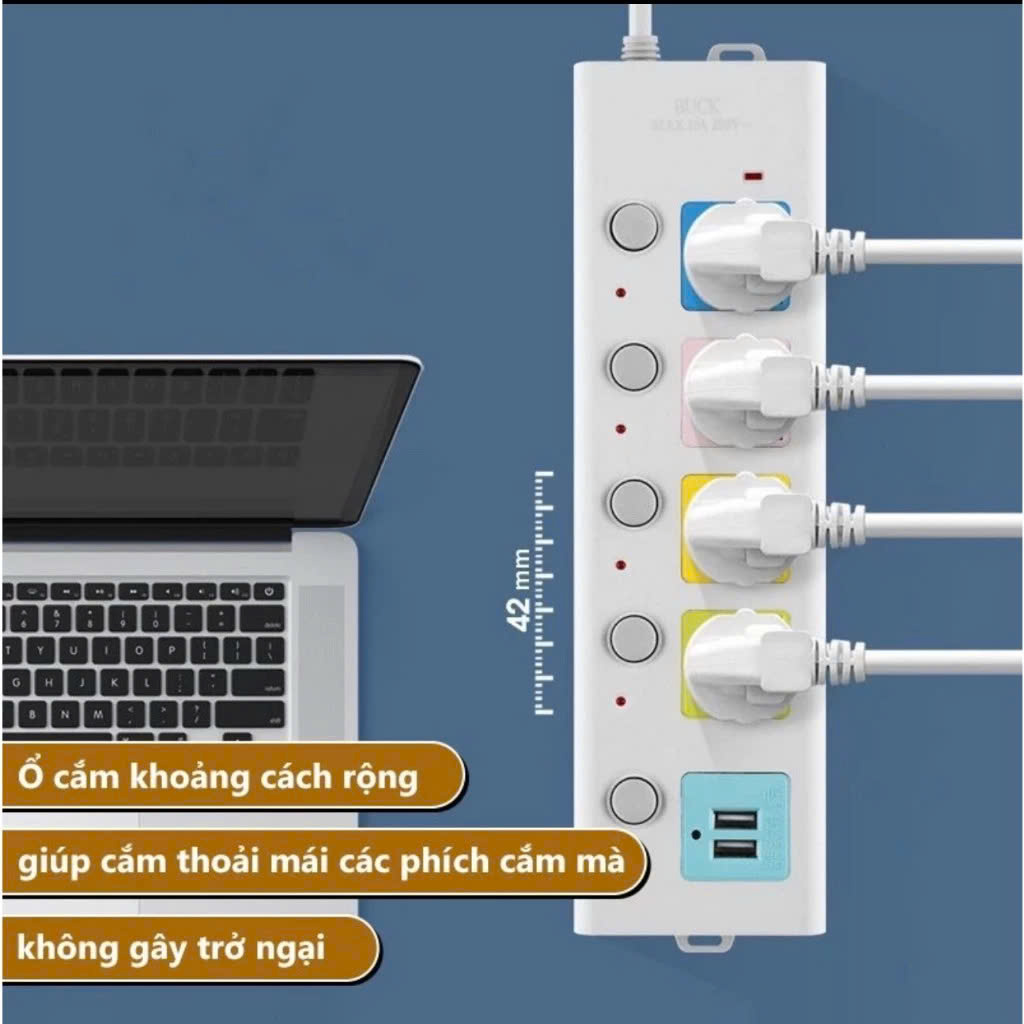 Ổ Cắm Điện Đa Năng Kết Hợp Ổ Cắm USB Chất Lượng Cao 4 Lỗ 3 Chấu Kéo Dài 2.5m Có Công Tắc Tải 2500W Nắp Chống Giật Chống Cháy Tiện Dụng An Toàn Chống Cháy Nổ