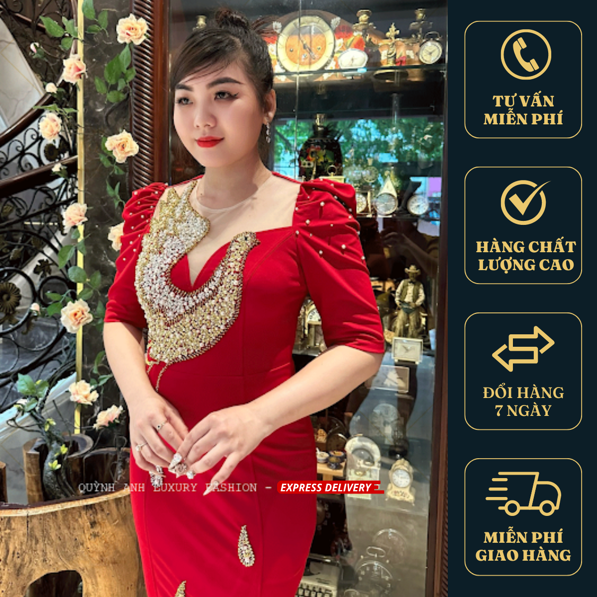 Đầm Dạ Hội Đỏ Mẫu Chim Công Pha Lê Sang Trọng Cao Cấp Amity Dress