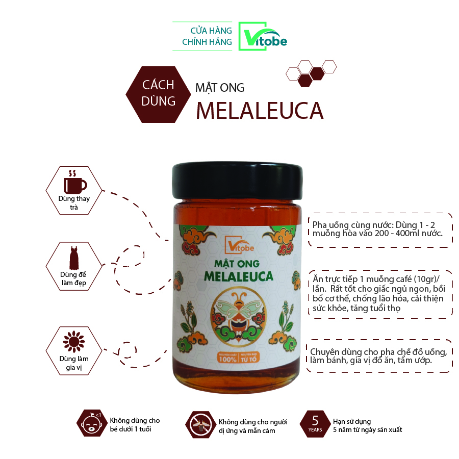 Mật Ong Melaleuca Vitobe (700gr) - Hữu cơ 100% (TẶNG cây gỗ lấy mật ong)