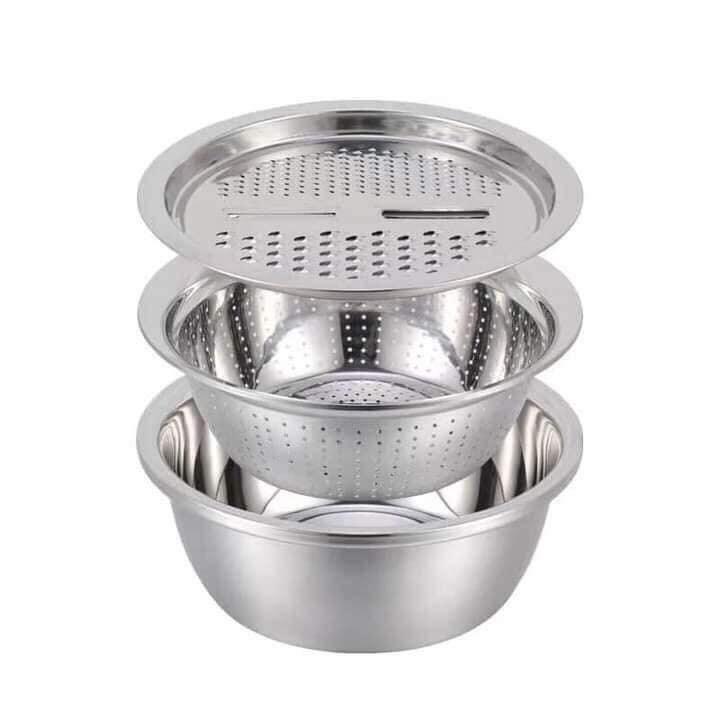 Bộ Rổ Nạo INOX Kèm Chậu Đa Năng 3 Trong 1 S̲I̲Ê̲U̲ ̲T̲I̲Ệ̲N̲ Bát Inox Trộn Rau Củ Kèm Bộ Nạo Đa Năng