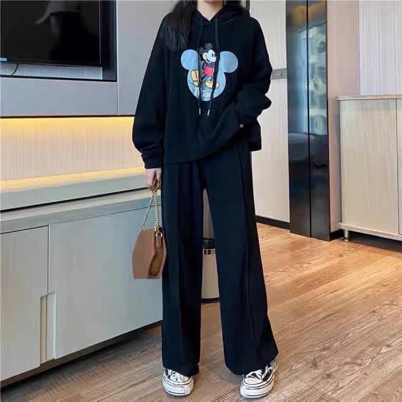 BỘ NỈ BÔNG HOODIE MŨ DÁNG SUÔNG MICKEY