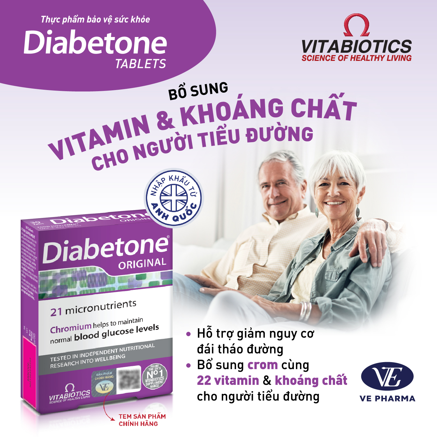 Combo 2 Hộp Viên Uống Vitabiotics DIABETONE Hỗ Trợ Người Tiểu Đường Bổ Sung Khoáng Chất, Nhập Khẩu Từ Anh Quốc 30 Viên