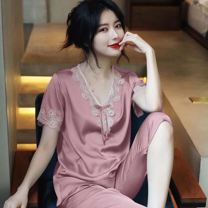 Bộ đồ ngủ pijama nữ, bộ mặc nhà quần lửng mùa hè vải lụa ngắn tay, cổ chữ V phối ren quyến rũ, phong cách ngọt ngào PN