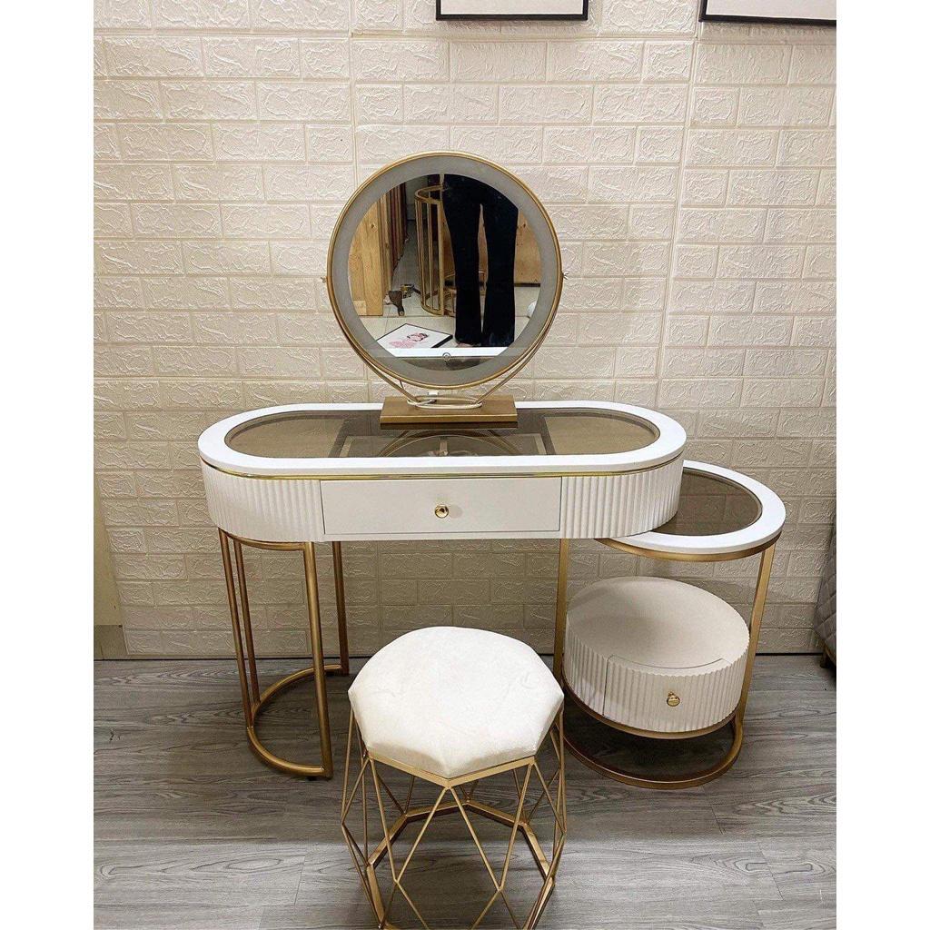 Hàng Siêu Cấp Bộ bàn ghế trang điểm: Bàn phấn 2 mặt kính tròn cạnh 2 ngăn hiện đại kèm gương - Giá Tại Xưởng