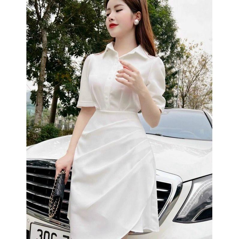 ĐẦM XÒE TRẮNG CỔ SƠ MI XẾP LY HÔNG