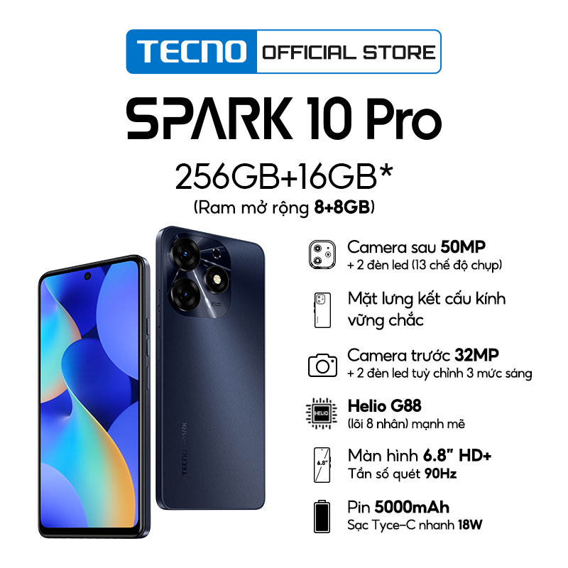 Điện thoại Tecno SPARK 10 Pro 8GB/256GB - Helio G88 | 5000 mAh | Sạc nhanh 18W | Cảm ứng vân tay - Hàng chính hãng