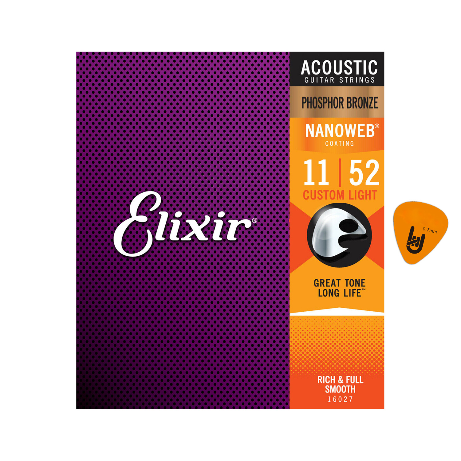 Elixir 16027 - Dây Đàn Acoustic Guitar Cỡ 11 (.011-.052) Phosphor Bronze Strings Custom Light - Hãng phân phối chính thức (Bộ Dây Ghi-ta phủ lớp Nanoweb cao cấp) - Kèm Móng Gảy DreamMaker