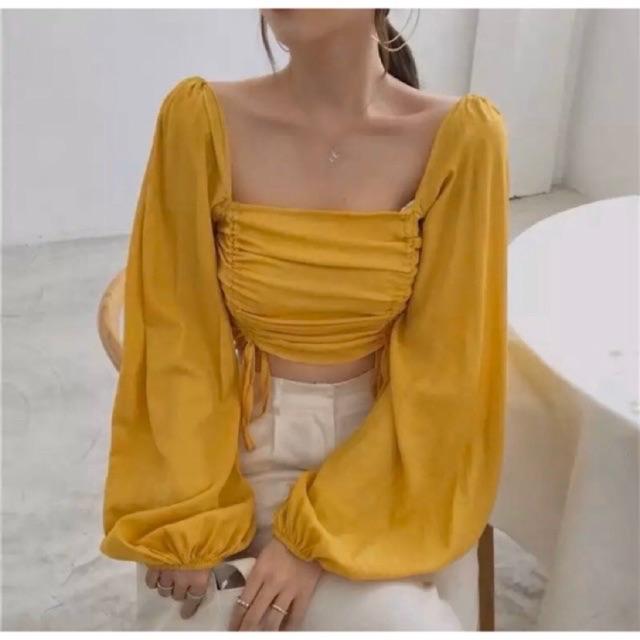 Áo tay dài phồng nhún eo vải kate