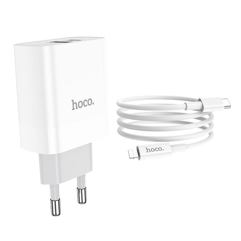 Bộ sạc nhanh PD20W Hoco C80A chuôi tròn 2 cổng USB/Type-C kèm dây sạc Type-C to Lightning dành cho iPhone - Hàng chính hãng