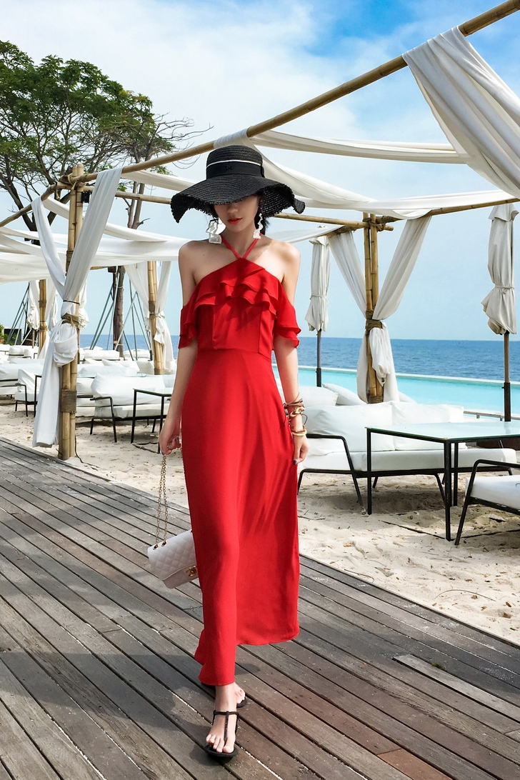 Hàng Quảng Châu - Đầm maxi voan đỏ cổ yếm tay rớt phong cách tiểu thư siêu xinh - D143290