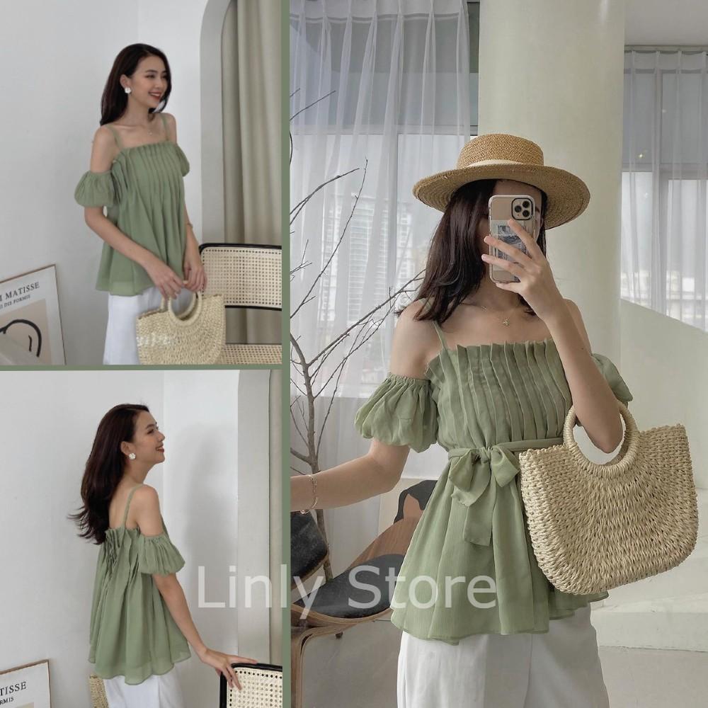 Áo kiểu nữ ngắn tay chất dập ly Croptop hở vai tiểu thư siêu xinh - Trễ vai tay bồng chất tơ cao cấp A-2DL