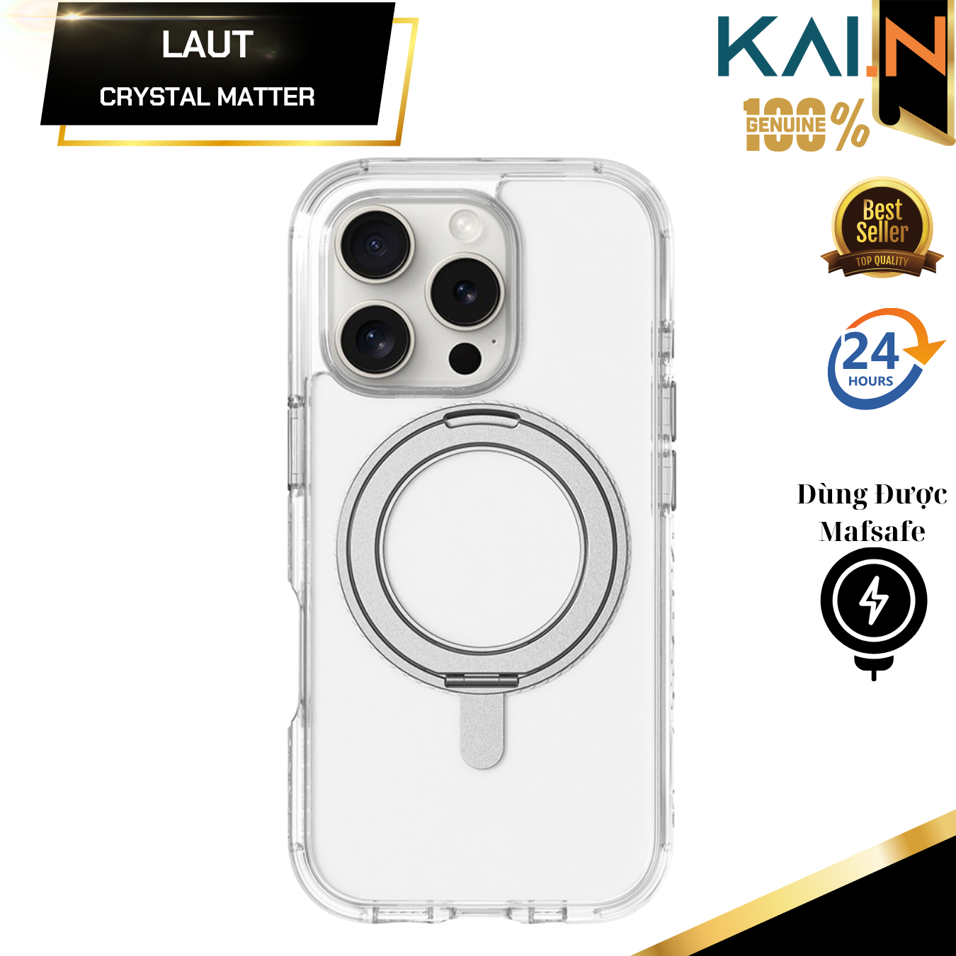 Ốp lưng trong suốt sạc từ tính dành cho iPhone 16 Promax/ 16 Pro LAUT Laut Crystal Matter, có chân đế, chính hãng Đức_ Hàng chính hãng