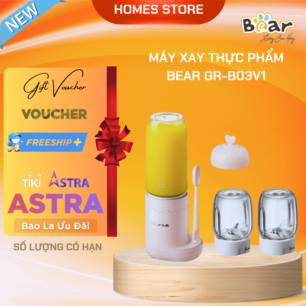 Máy Xay Thực Phẩm, Máy Xay Tiêu Tỏi Ớt Xay Ăn Dặm 3 Cối Thủy Tinh BEAR LLJ-C04J1 Công Suất 200 W - Hàng Chính Hãng