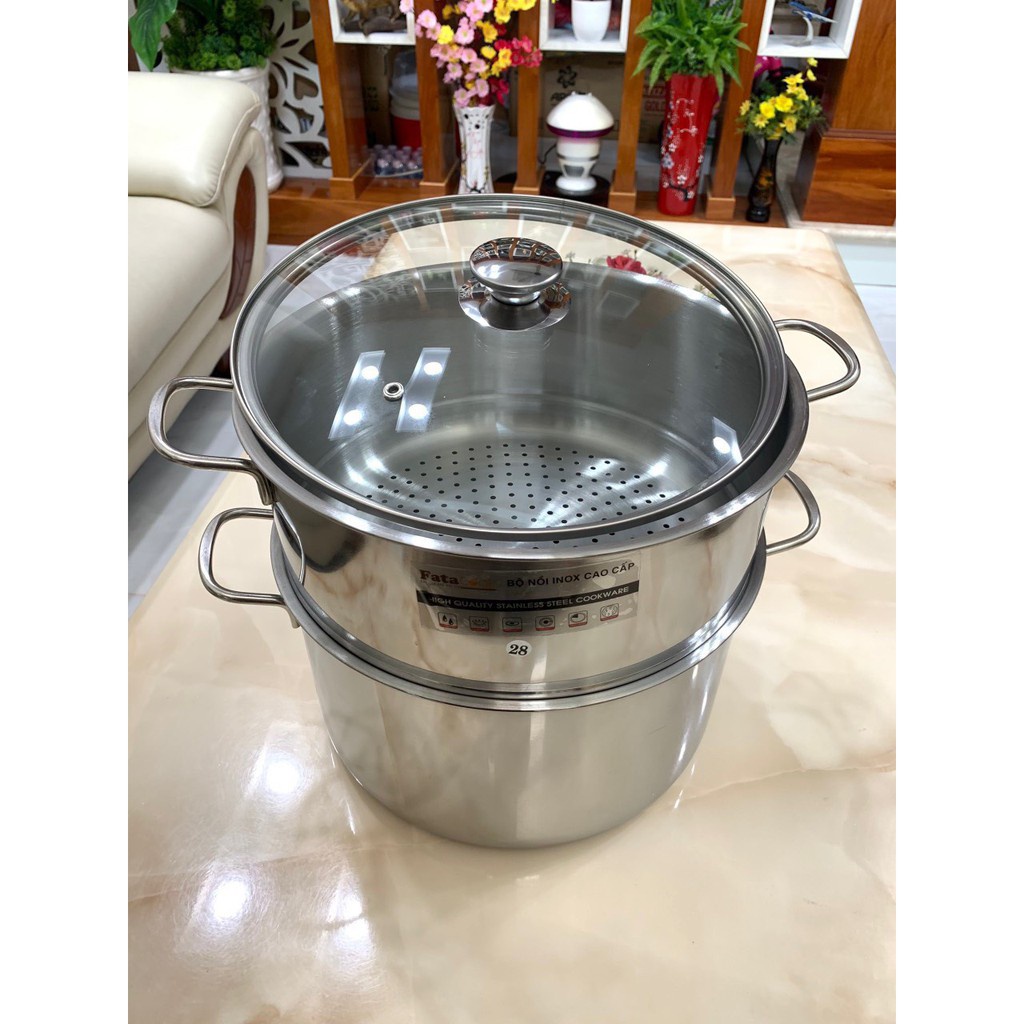 Bộ nồi và xửng hấp inox 430 bếp từ 1 đáy HT COOK 28cm nắp kính dùng được bếp từ - bảo hành 1 tháng luôn