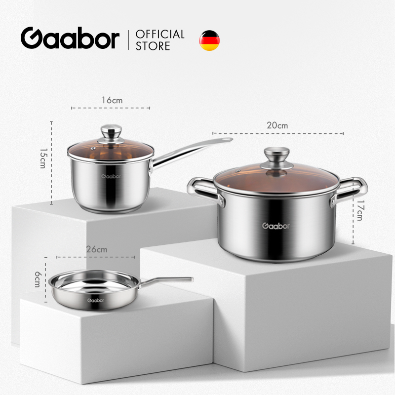 Bộ nồi chảo inox cao cấp đáy từ GAABOR GS-S828A nắp kính (1 Quánh 16cm, 1 Nồi 20cm và 1 Chảo 26cm)