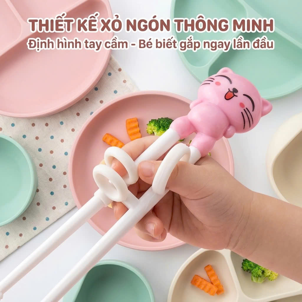 Bộ Ăn Dặm Cho Bé 3 Món, Đũa Xỏ Ngón + Thìa + Dĩa, Dễ Cầm Chống Rơi, An Toàn, Màu Xanh/Hồng - HÀNG CHÍNH HÃNG MINIIN