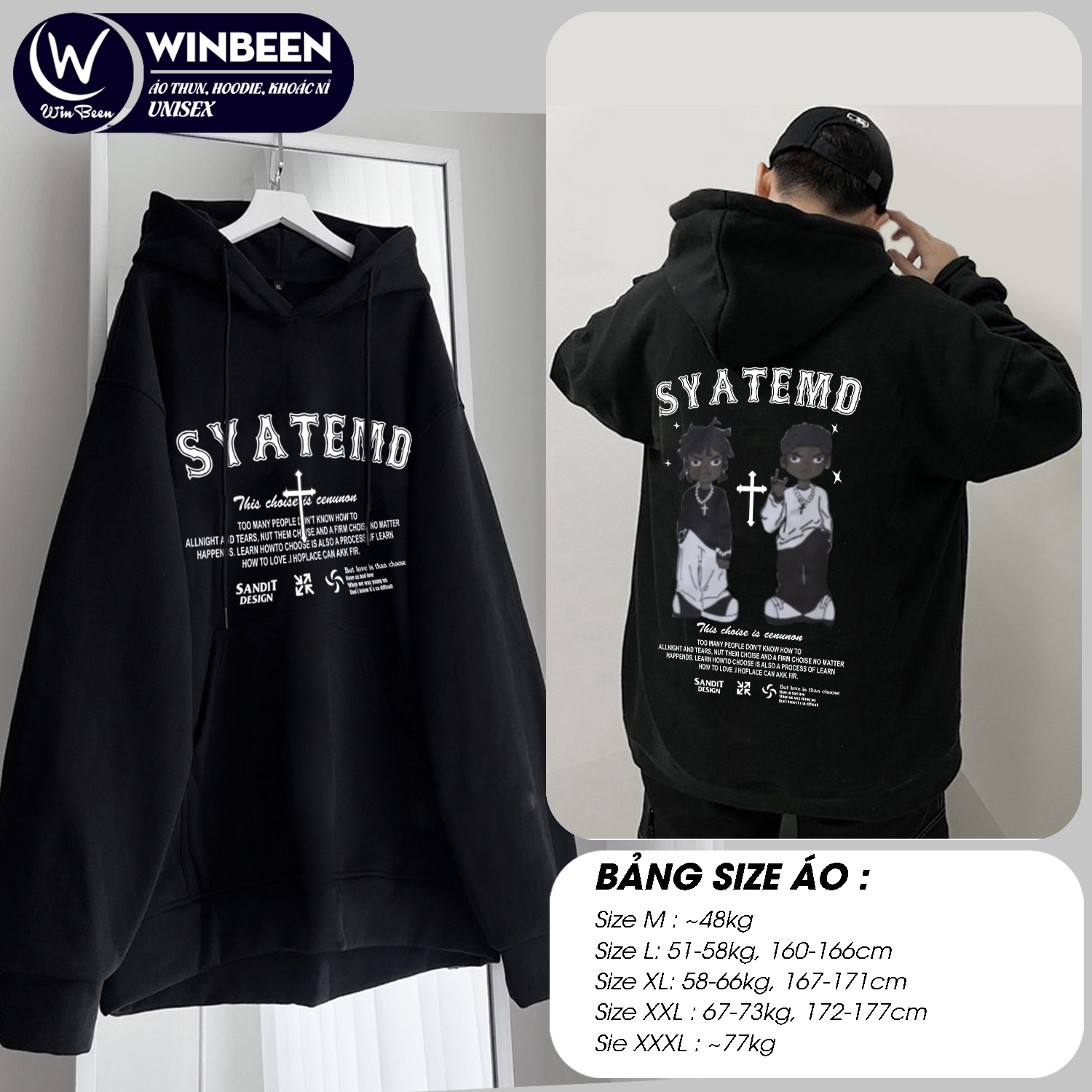 Hoodie form rộng WinBeen mẫu mới SYATEMD, dáng rộng vải nỉ dầy mũ trùm to, hình in hot trend