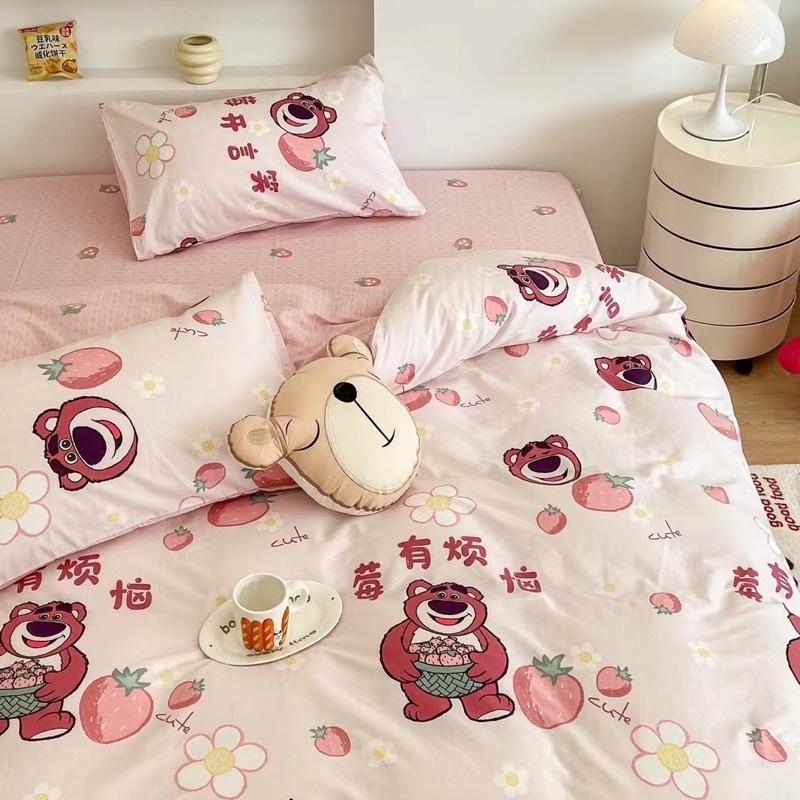 Set Cotton Living Hàng Nhập Khẩu Cao Cấp 4 Món Gấu Hồng