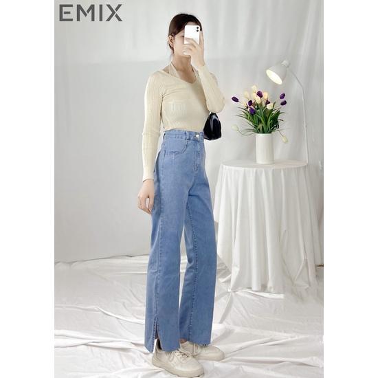 Quần jean nữ cạp cao EMIX (2 màu), dáng dài, ống suông, ống đứng, xẻ gấu, chất jean mềm nhẹ, có giãn, ít bai xù J01