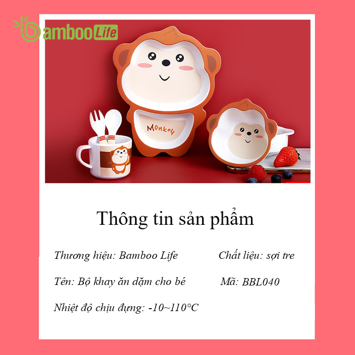 Khay ăn dặm sợi tre an toàn cho bé- Bộ chén ăn dặm cao cấp 5 chi tiết thìa, dĩa, khay, bát, cốc- BL040