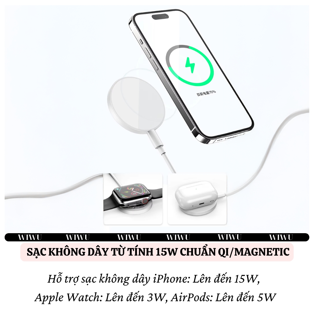 Dock Đế sạc nhanh không dây sạc pin đa năng 3in1 15W từ tính Ring giá đỡ móc tay cho iPhone / điện thoại / watch / cho tai nghe cho airpods hiệu WIWU Wi-W027 chuẩn Qi fast charging iP 16 15 14 13 12 Pro Max - hàng nhập khẩu