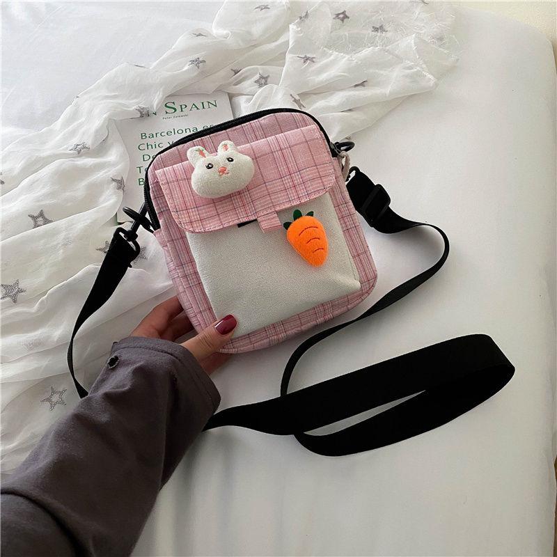 Canvas Bag All-Match Messenger Bag Cartoon Cute Plaid Shoulder Bag Fashion