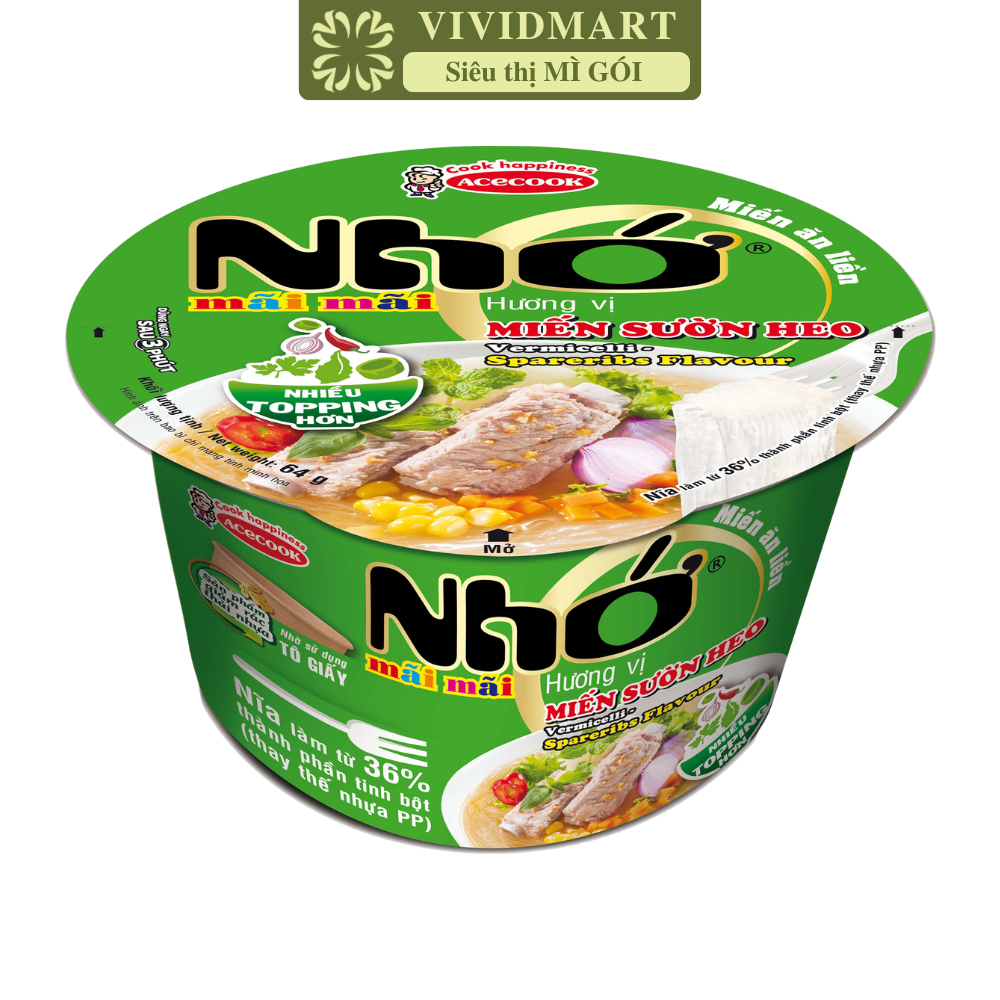 ACECOOK - Miến tô Nhớ Mãi Mãi hương vị Sườn heo, Tô Nhớ Mãi Mãi miến sườn heo, Miến Nhớ ăn liền (64g/tô)