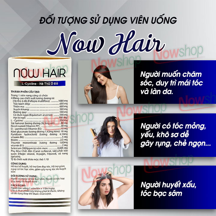 Viên uống hỗ trợ mọc và làm đẹp móng tóc Now Hair L - cystine Hà Thủ Ô Đỏ giúp giảm xơ rối gãy rụng làm đen cải thiện tóc bạc sớm