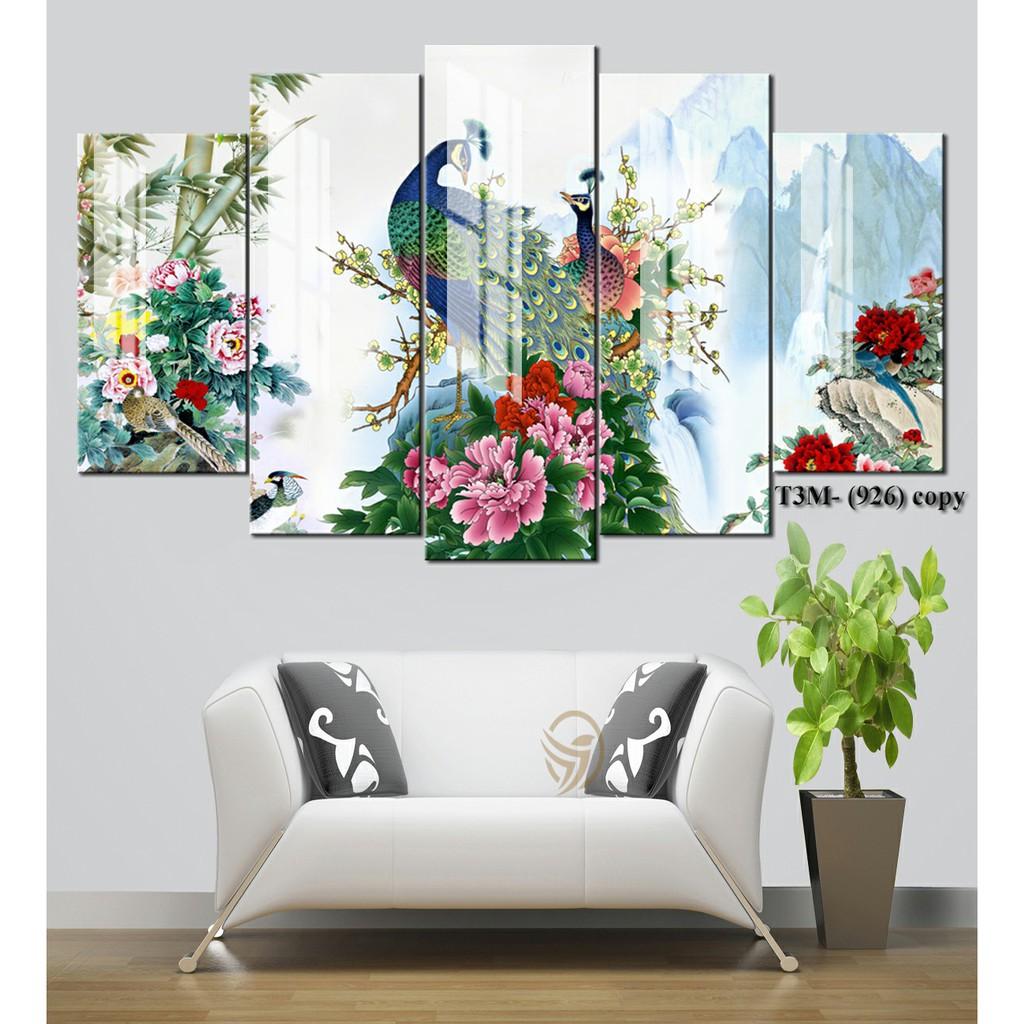 Tranh treo tường trang trí Chim công - Khổng tước 5 tấm 3D/gỗ MDF Hàn Quốc chống ẩm mốc, mối mọt